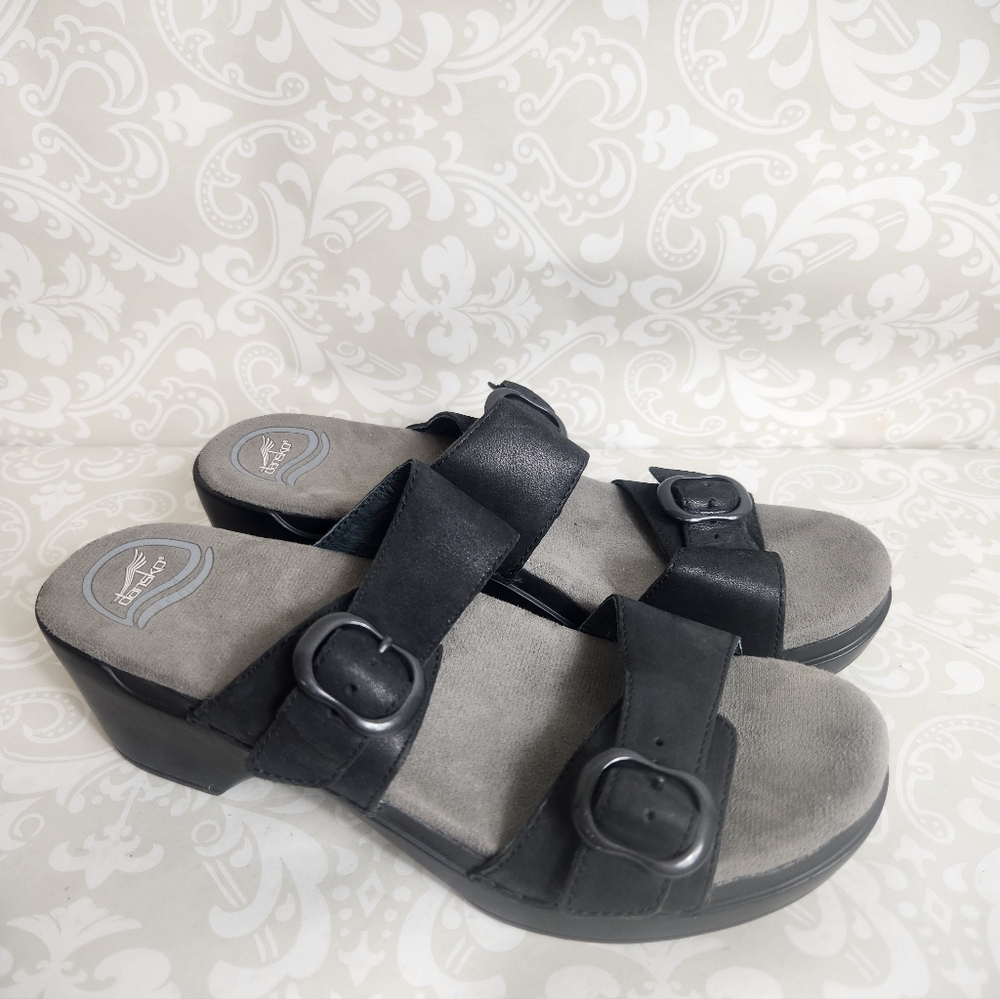 EUC Dansko Black Wedge Clogs with Adjustable Buckles